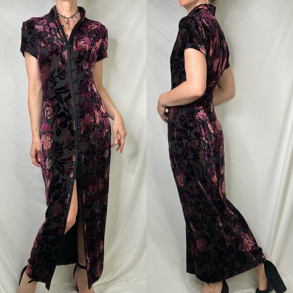 SOLD Jones New York velvet floral burnout maxi dress gown silk cheongsam - Picture 14 of 14
